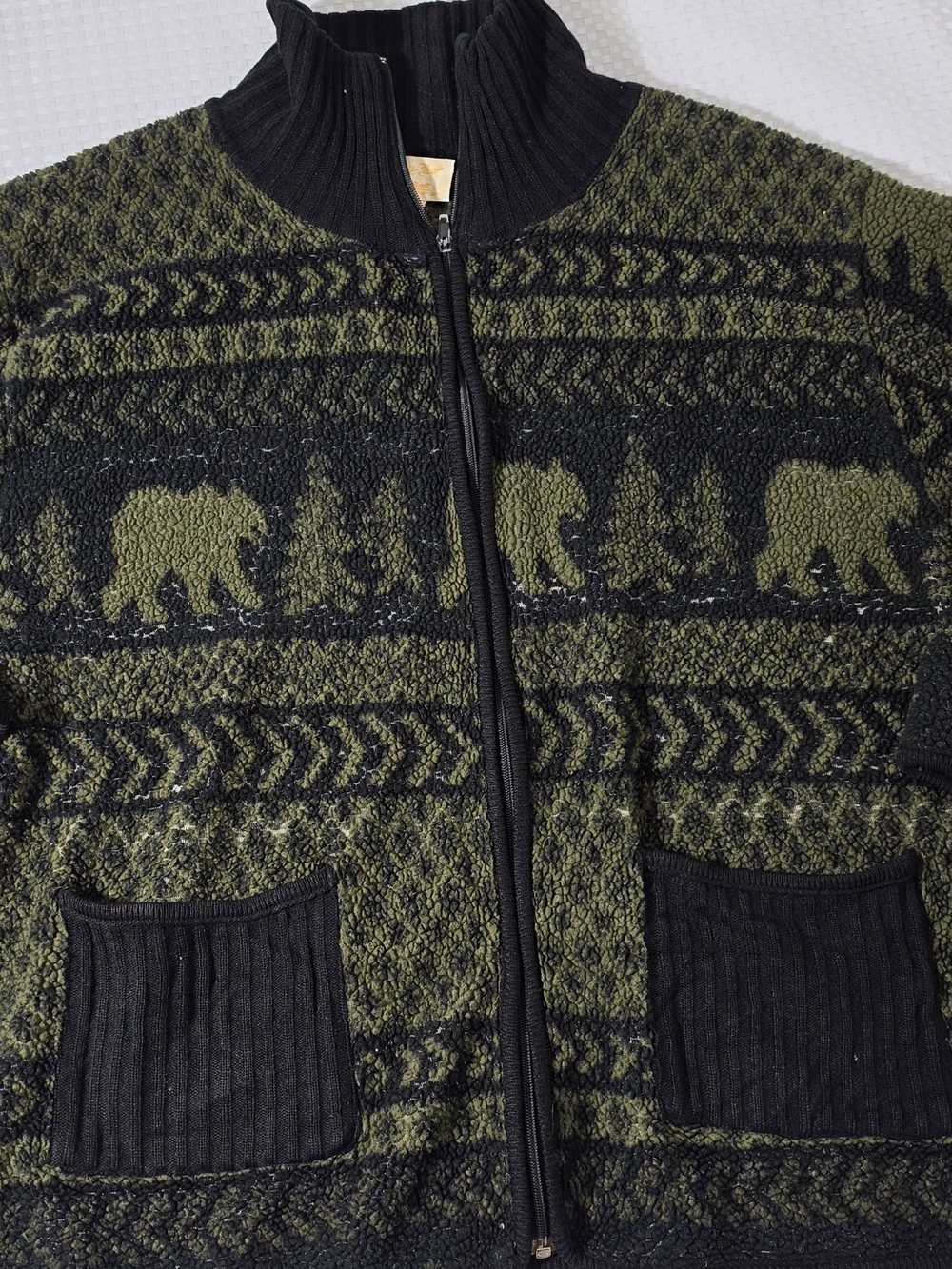 Tally Ho Olive Green & Black Zip-Up Bear Motif Sweater Jacket